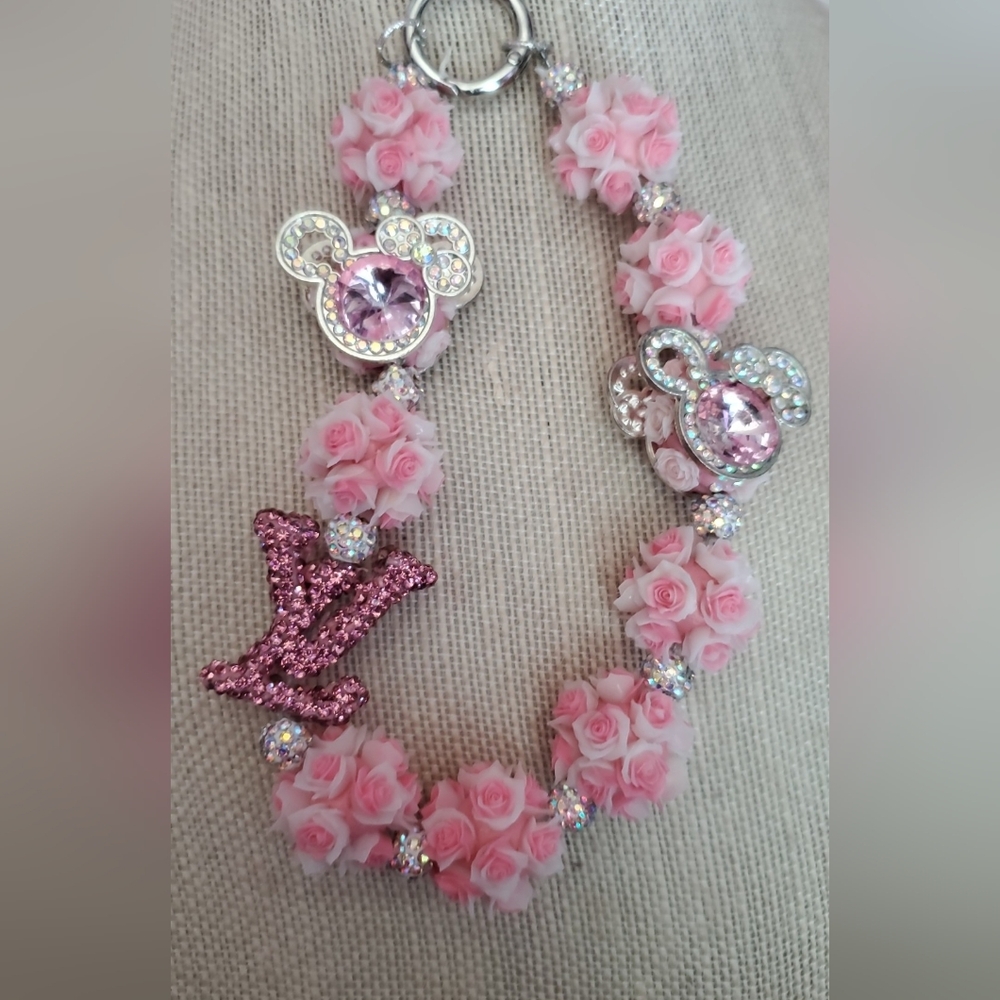 Custom Pink Rose and Crystal Phone Chain, Bag Chain